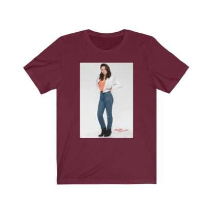 Actress Hayley Orrantia in White Jacket and Orange Top - Premium Unisex T-Shirt - Image 16