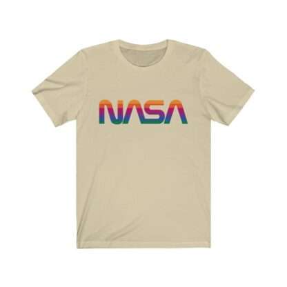 Beige unisex t-shirt with NASA logo in rainbow colors