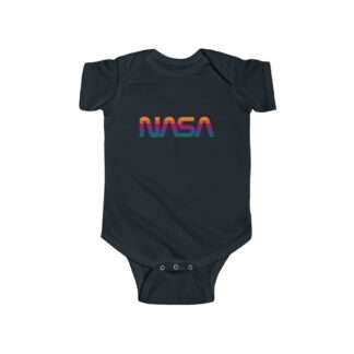 Black infant onesie with NASA logo in rainbow colors