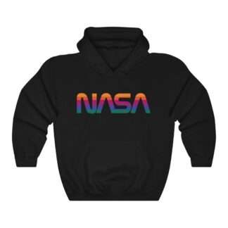 Black unisex hoodie with NASA logo in rainbow colors