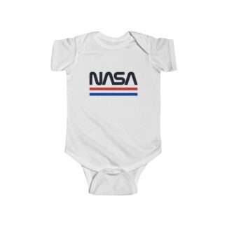 White infant onesie with NASA logo in retro styling