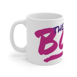Right side of ceramic mug with bold pink hand script of "THE BOSS"